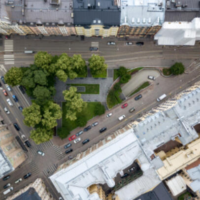 An aerial view of Helsinki city center.
