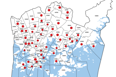 Kuva Helsingin kartasta, jossa on merkittynä ehdokkaiden määrä kullakin postinumeroalueella.