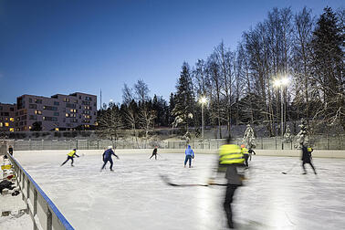 Jääkiekon pelaajia ulkokaukalossa.