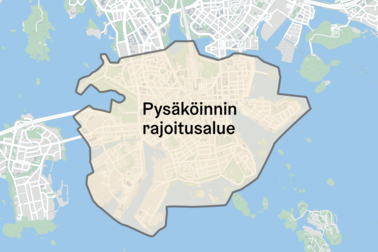 Kartalla merkittynä yhteiskäyttöisten sähköpotkulautojen ja muiden mikroliikkumisen välineiden pysäköinnin rajoitusalue, joka kattaa keskustan ja eteläisen Helsingin.