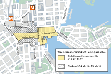 Kartta vappuna moottoriliikenteeltä suljettavista alueista.