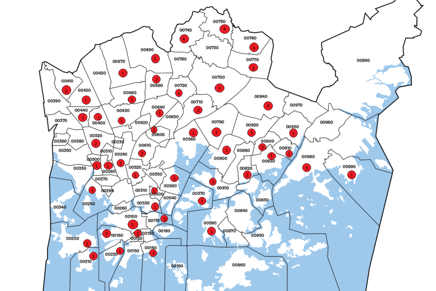 Kuva Helsingin kartasta, jossa on merkittynä ehdokkaiden määrä kullakin postinumeroalueella.
